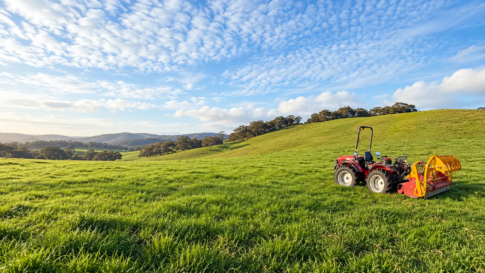 Red tractor slashing a sunlit pasture on a rural property in the Illawarra